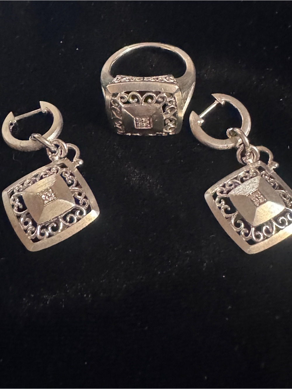 Gabriel and Co Sterling Diamond  Silver Square Filigree Ring and earrings set